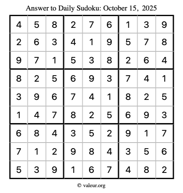 Answer to sudoku October 15, 2025
