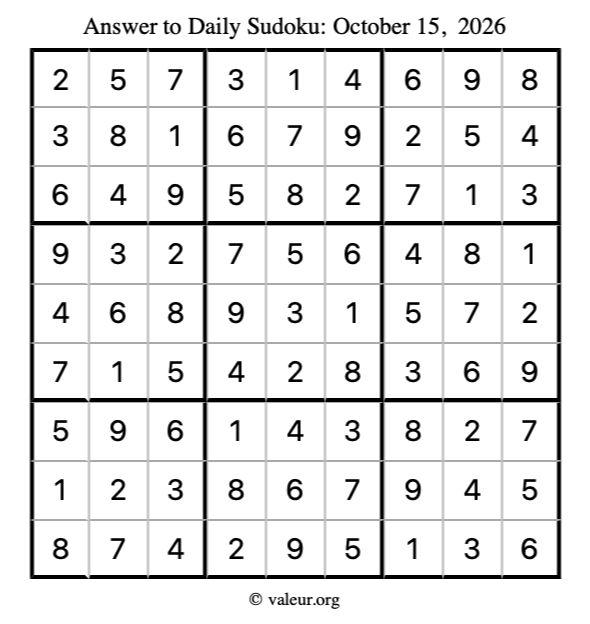 Answer to sudoku October 15, 2026