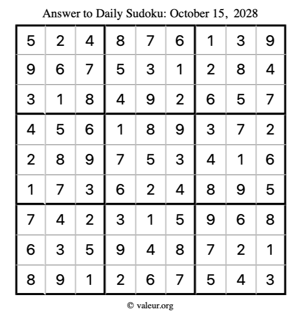 Answer to sudoku October 15, 2028
