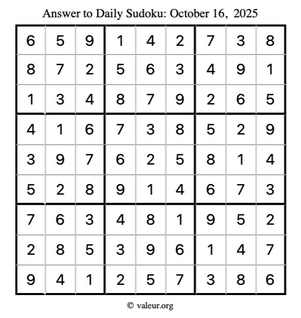 Answer to sudoku October 16, 2025