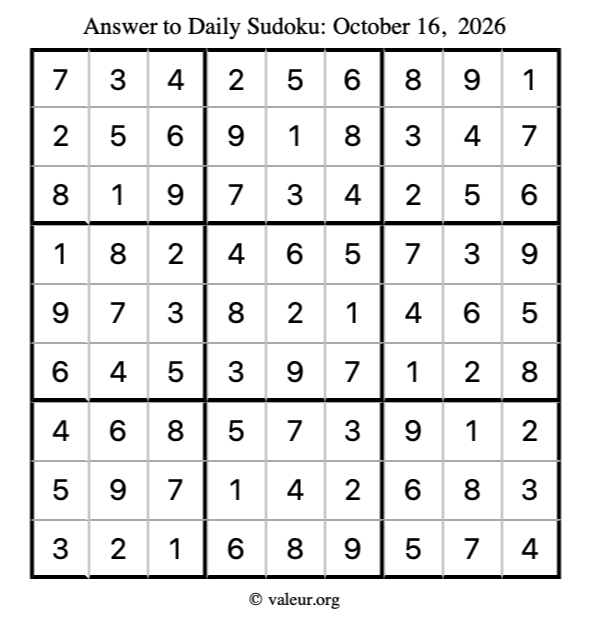 Answer to sudoku October 16, 2026
