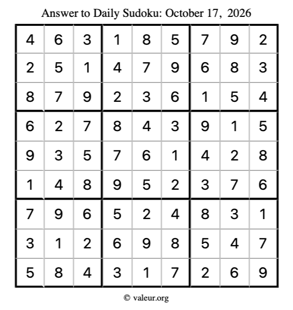 Answer to sudoku October 17, 2026