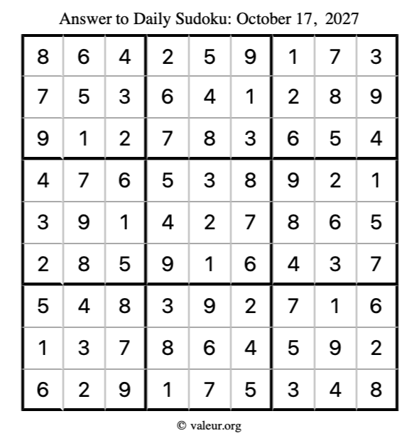 Answer to sudoku October 17, 2027