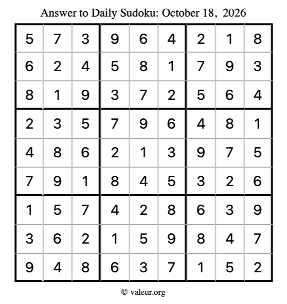 Answer to sudoku October 18, 2026