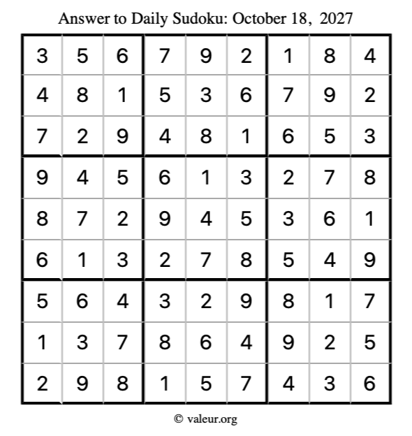 Answer to sudoku October 18, 2027