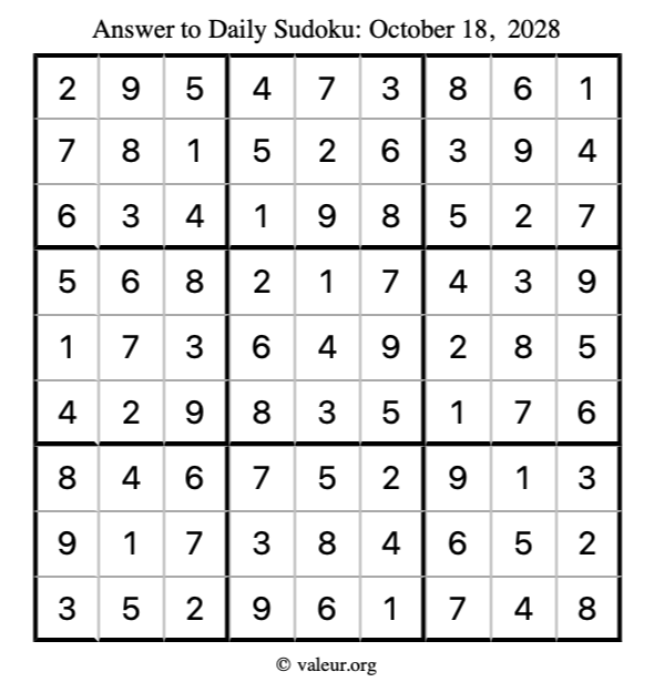 Answer to sudoku October 18, 2028