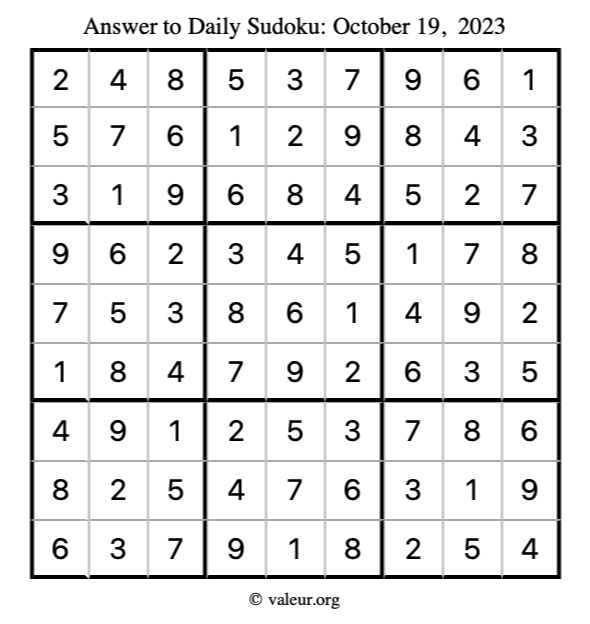 Answer to sudoku October 19, 2023