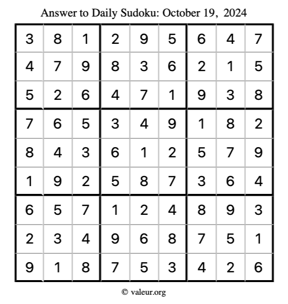 Answer to sudoku October 19, 2024