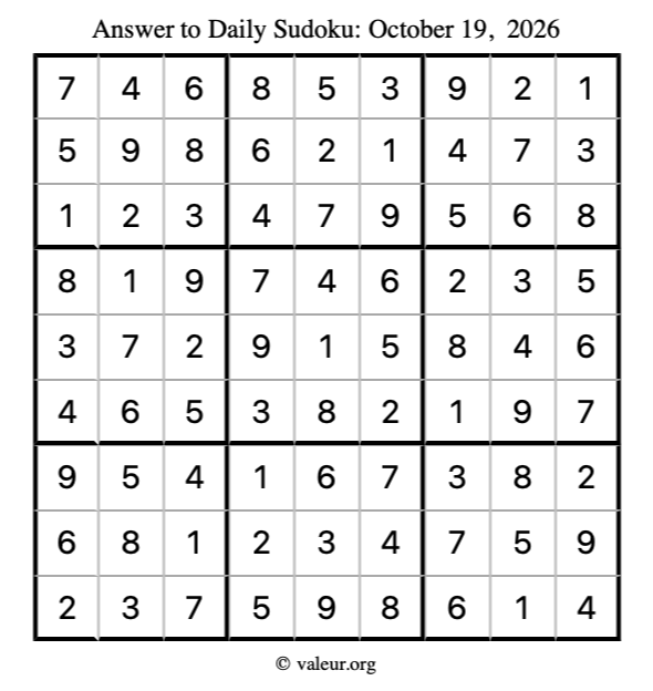 Answer to sudoku October 19, 2026