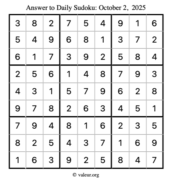 Answer to sudoku October 2, 2025