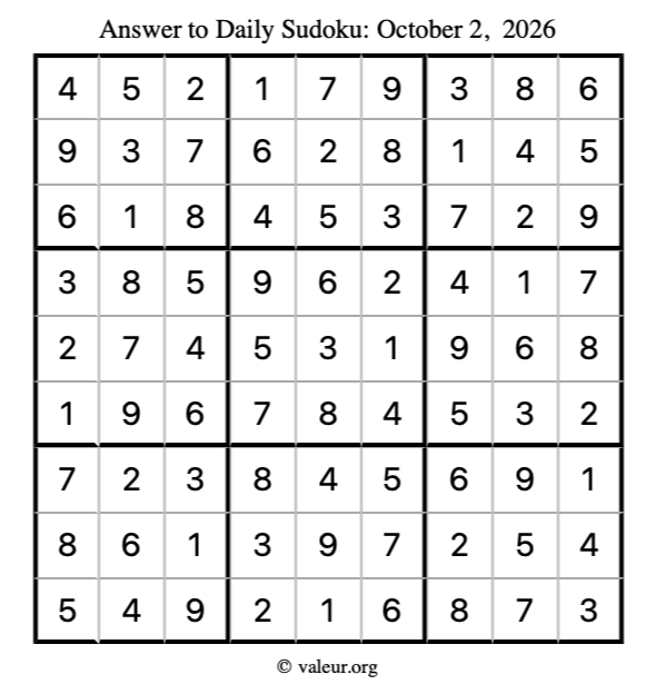 Answer to sudoku October 2, 2026
