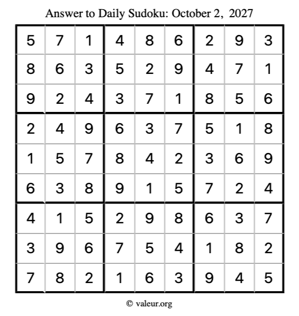 Answer to sudoku October 2, 2027