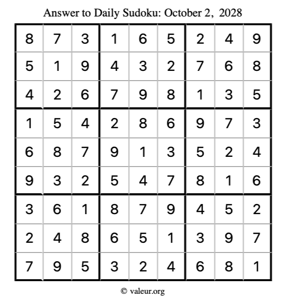 Answer to sudoku October 2, 2028