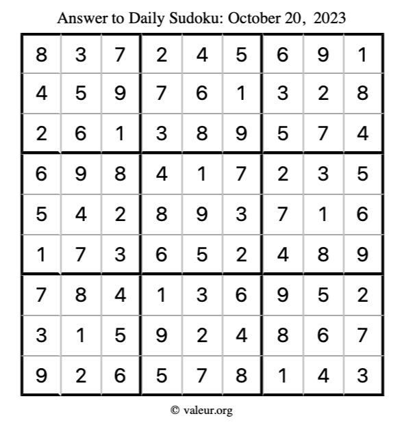 Answer to sudoku October 20, 2023
