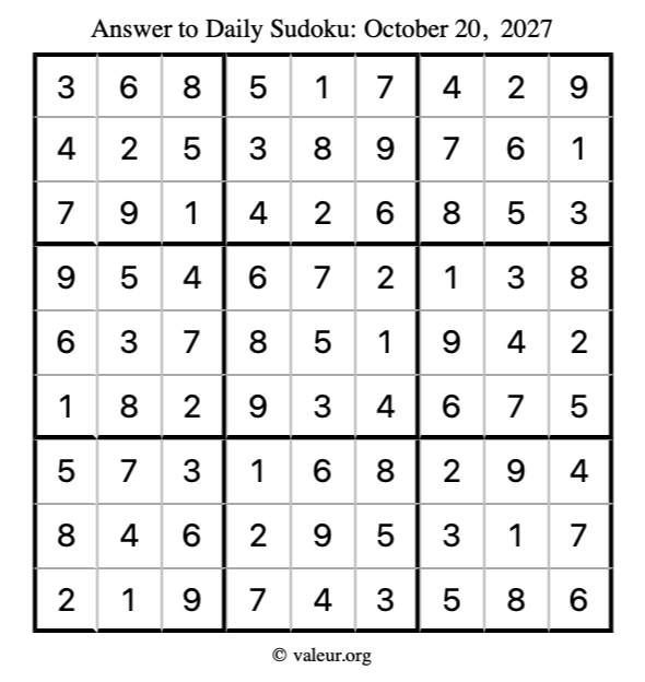 Answer to sudoku October 20, 2027