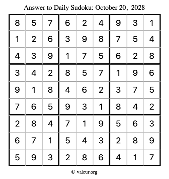 Answer to sudoku October 20, 2028