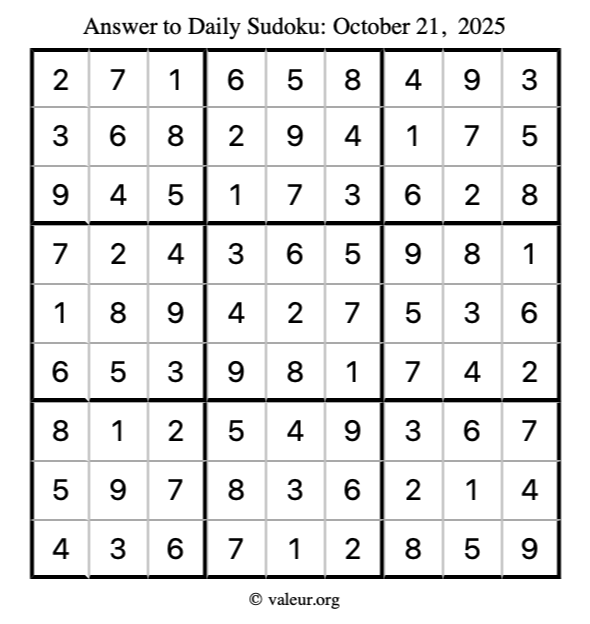 Answer to sudoku October 21, 2025