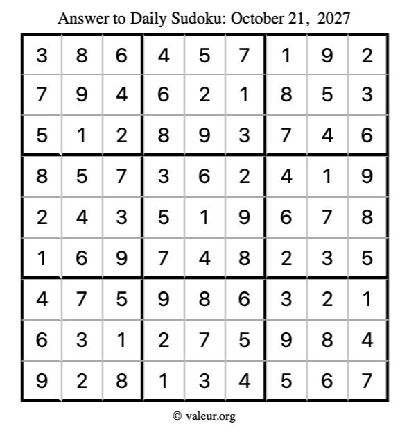 Answer to sudoku October 21, 2027