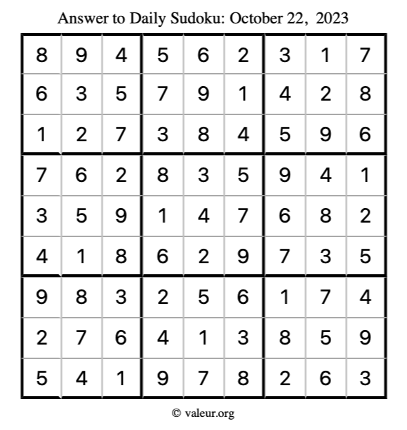 Answer to sudoku October 22, 2023