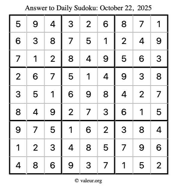 Answer to sudoku October 22, 2025