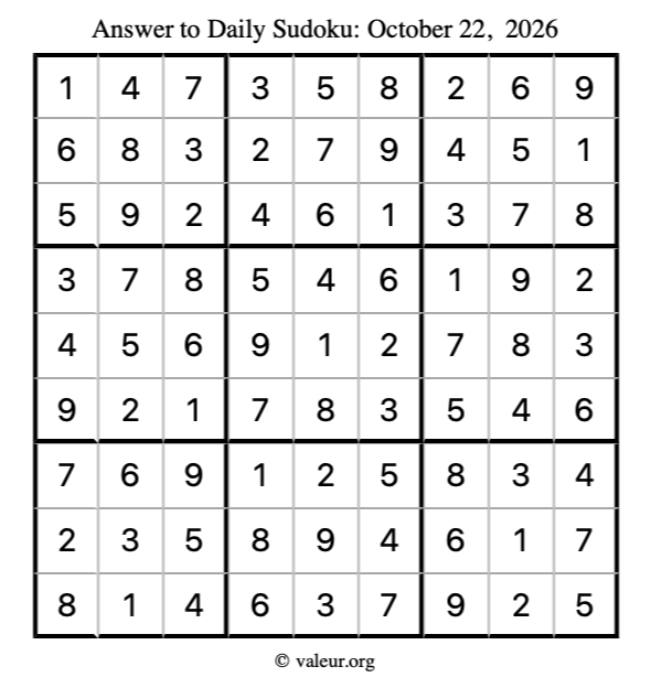 Answer to sudoku October 22, 2026