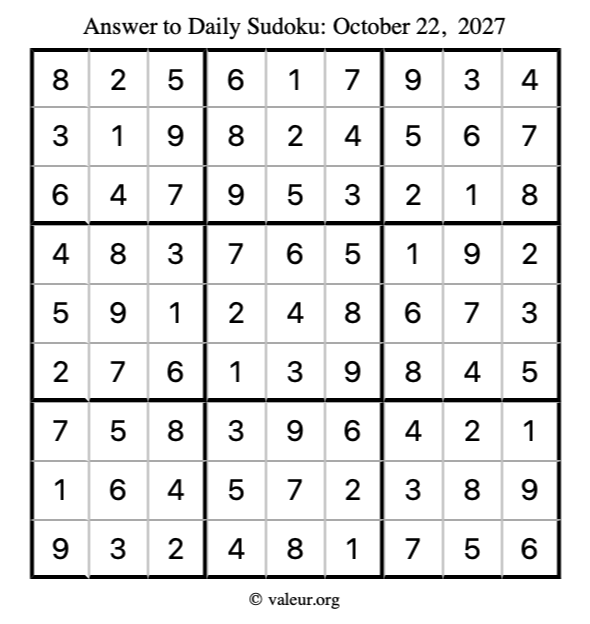 Answer to sudoku October 22, 2027
