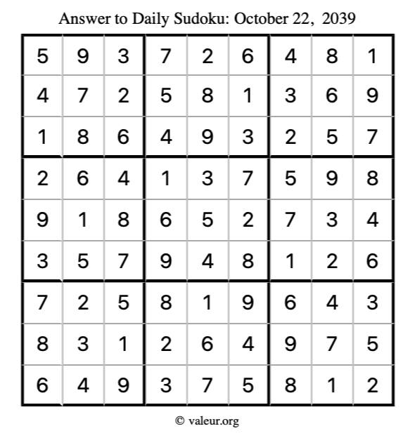 Answer to sudoku October 22, 2039