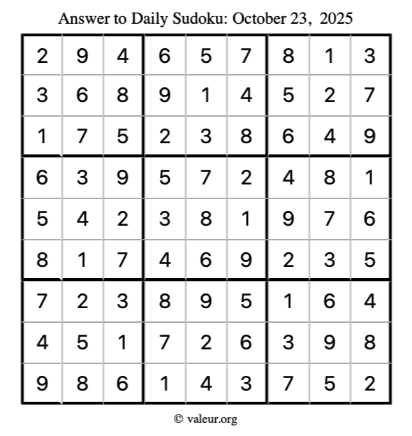Answer to sudoku October 23, 2025