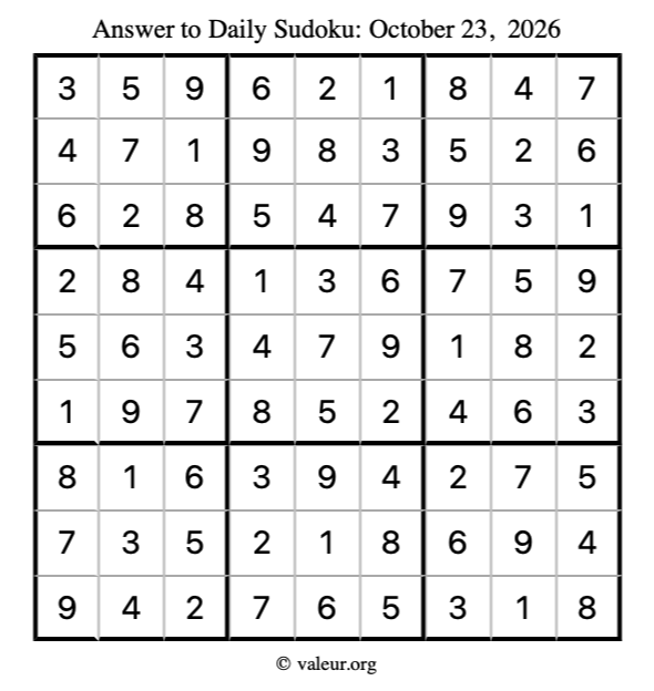 Answer to sudoku October 23, 2026
