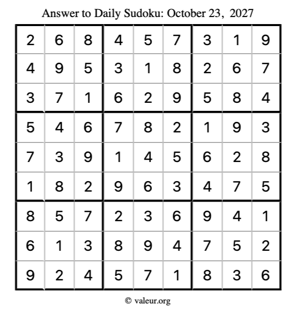Answer to sudoku October 23, 2027