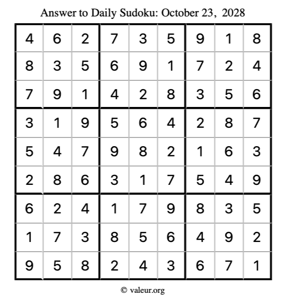 Answer to sudoku October 23, 2028