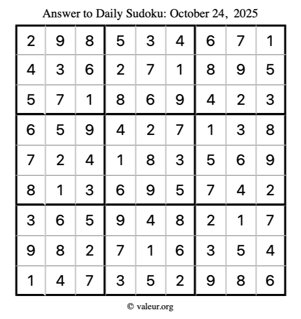 Answer to sudoku October 24, 2025
