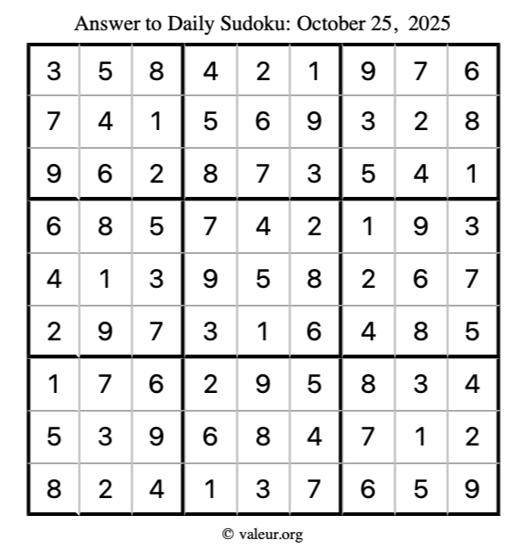 Answer to sudoku October 25, 2025