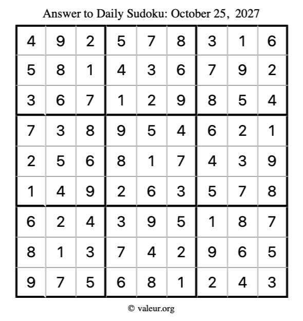 Answer to sudoku October 25, 2027