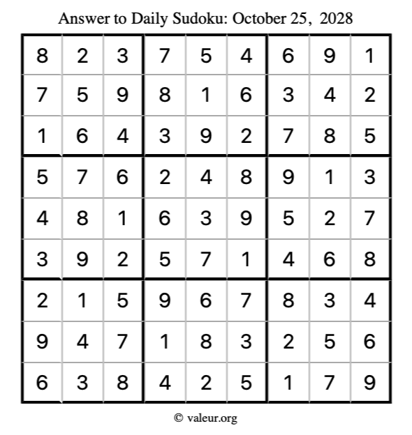 Answer to sudoku October 25, 2028