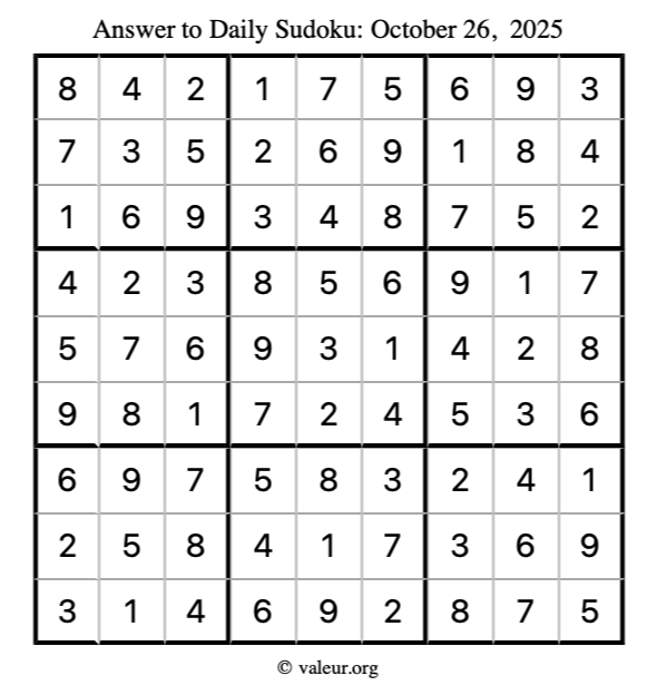 Answer to sudoku October 26, 2025