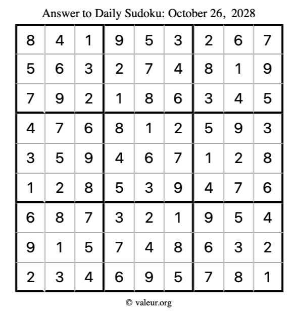 Answer to sudoku October 26, 2028