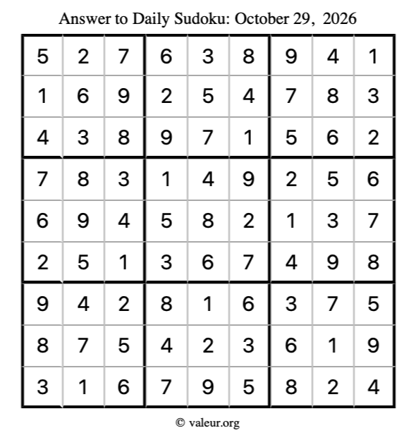 Answer to sudoku October 29, 2026