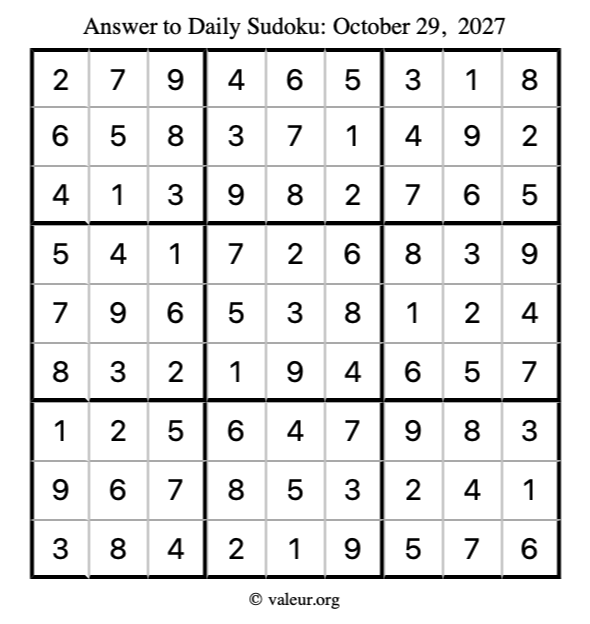 Answer to sudoku October 29, 2027