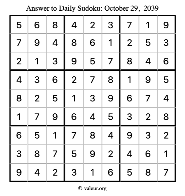 Answer to sudoku October 29, 2039