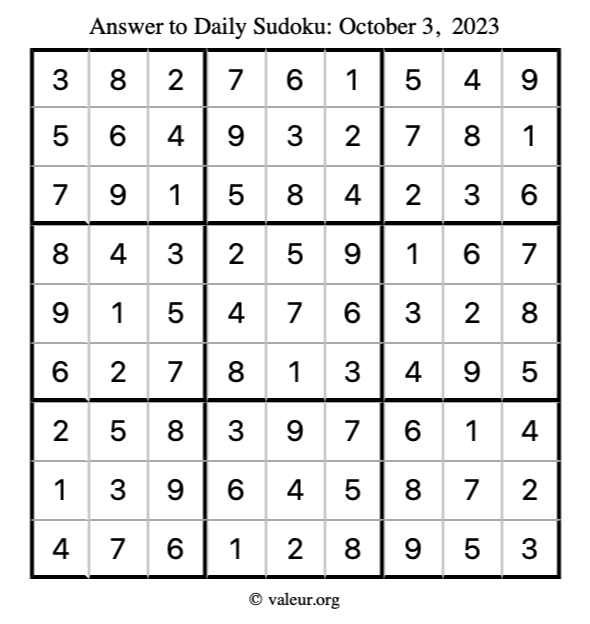 Answer to sudoku October 3, 2023