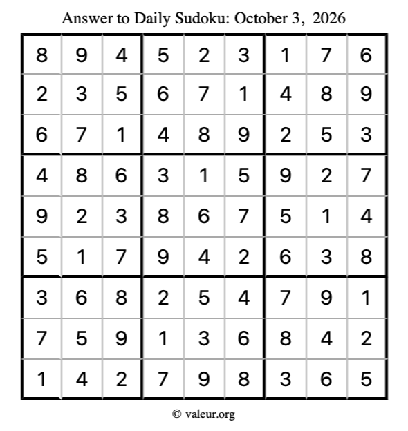 Answer to sudoku October 3, 2026