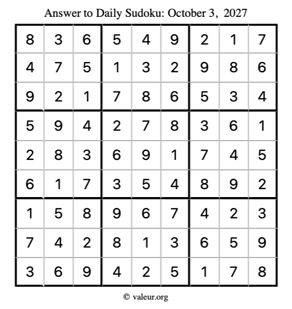 Answer to sudoku October 3, 2027