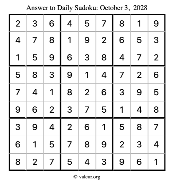 Answer to sudoku October 3, 2028