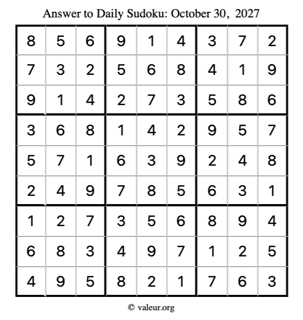 Answer to sudoku October 30, 2027