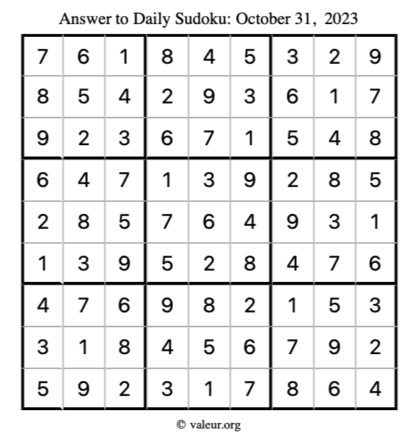 Answer to sudoku October 31, 2023
