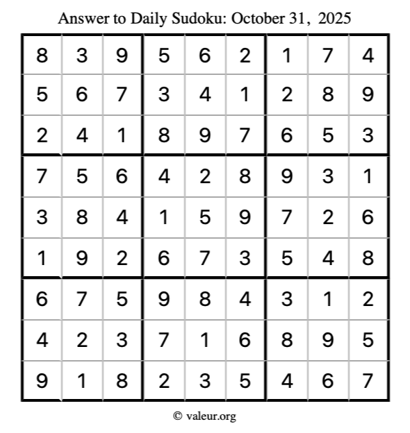 Answer to sudoku October 31, 2025