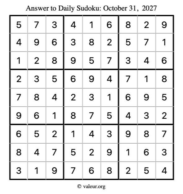 Answer to sudoku October 31, 2027
