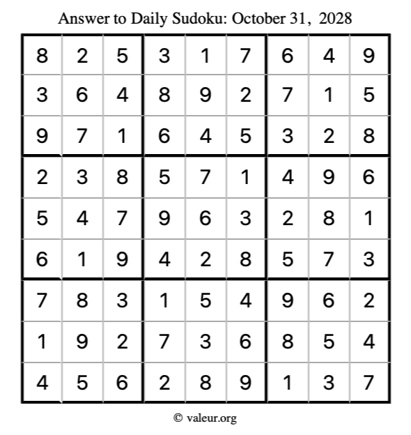 Answer to sudoku October 31, 2028