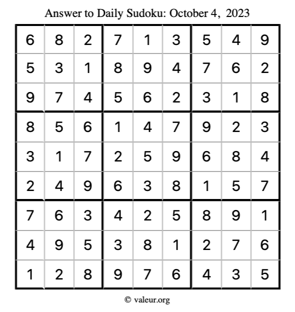 Answer to sudoku October 4, 2023